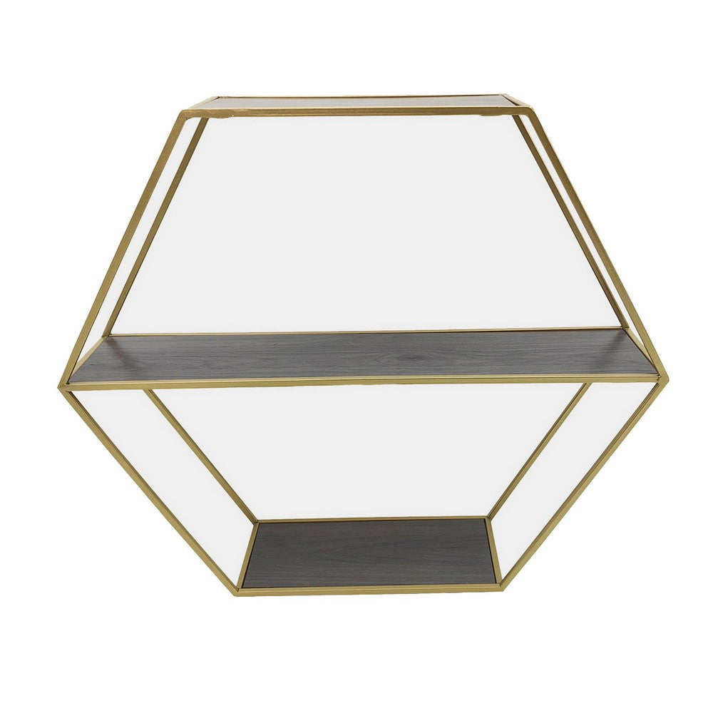 Fedo Wall Shelf Set of 3, Gold Metal, Modern Hex Folding, Wood Gray - BM309624