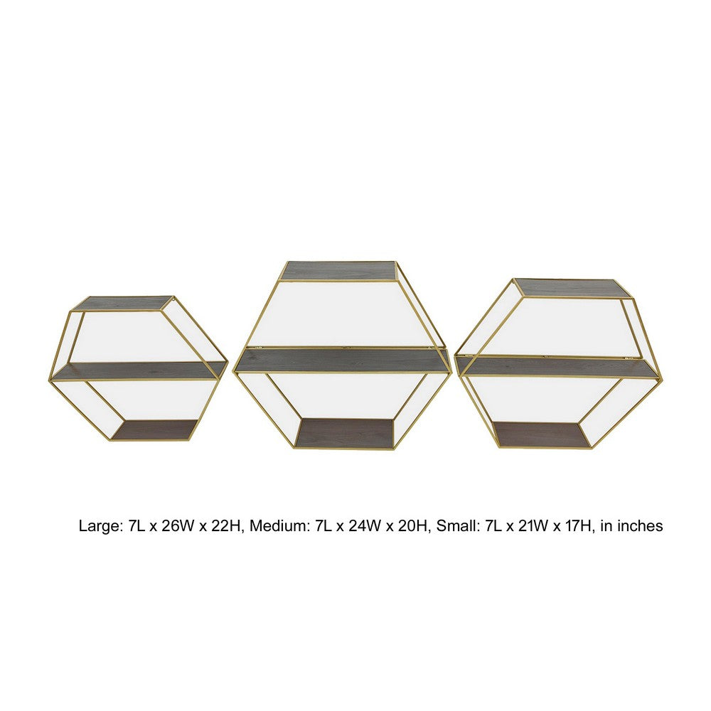 Fedo Wall Shelf Set of 3, Gold Metal, Modern Hex Folding, Wood Gray - BM309624