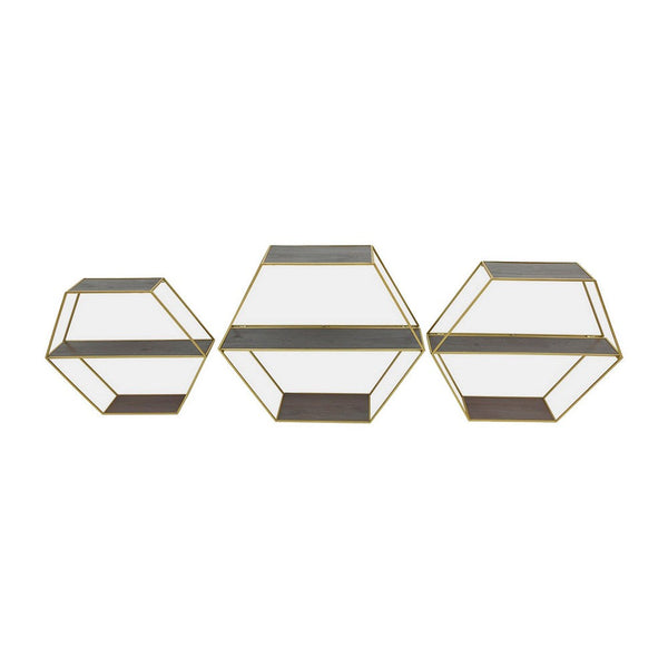Fedo Wall Shelf Set of 3, Gold Metal, Modern Hex Folding, Wood Gray - BM309624