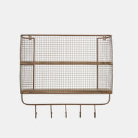 23 Inch Wood Shelf, 2 Tiers, Metal Mesh Frame, Hanging Hooks, Brown Finish - BM309627