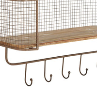 23 Inch Wood Shelf, 2 Tiers, Metal Mesh Frame, Hanging Hooks, Brown Finish - BM309627