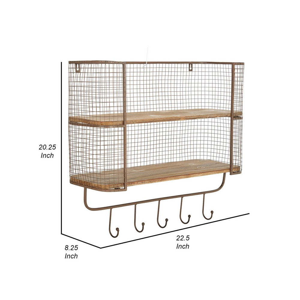 23 Inch Wood Shelf, 2 Tiers, Metal Mesh Frame, Hanging Hooks, Brown Finish - BM309627