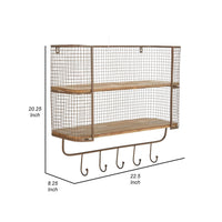 23 Inch Wood Shelf, 2 Tiers, Metal Mesh Frame, Hanging Hooks, Brown Finish - BM309627