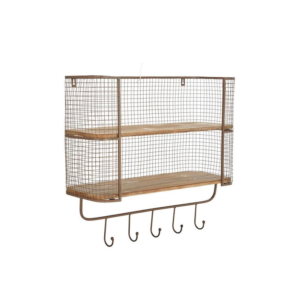23 Inch Wood Shelf, 2 Tiers, Metal Mesh Frame, Hanging Hooks, Brown Finish - BM309627