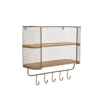 23 Inch Wood Shelf, 2 Tiers, Metal Mesh Frame, Hanging Hooks, Brown Finish - BM309627