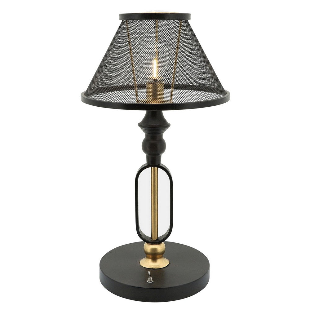 19 Inch Table Lamp, Round Metal Mesh Shade, Hollow Body, Black, Gold Stand - BM309628
