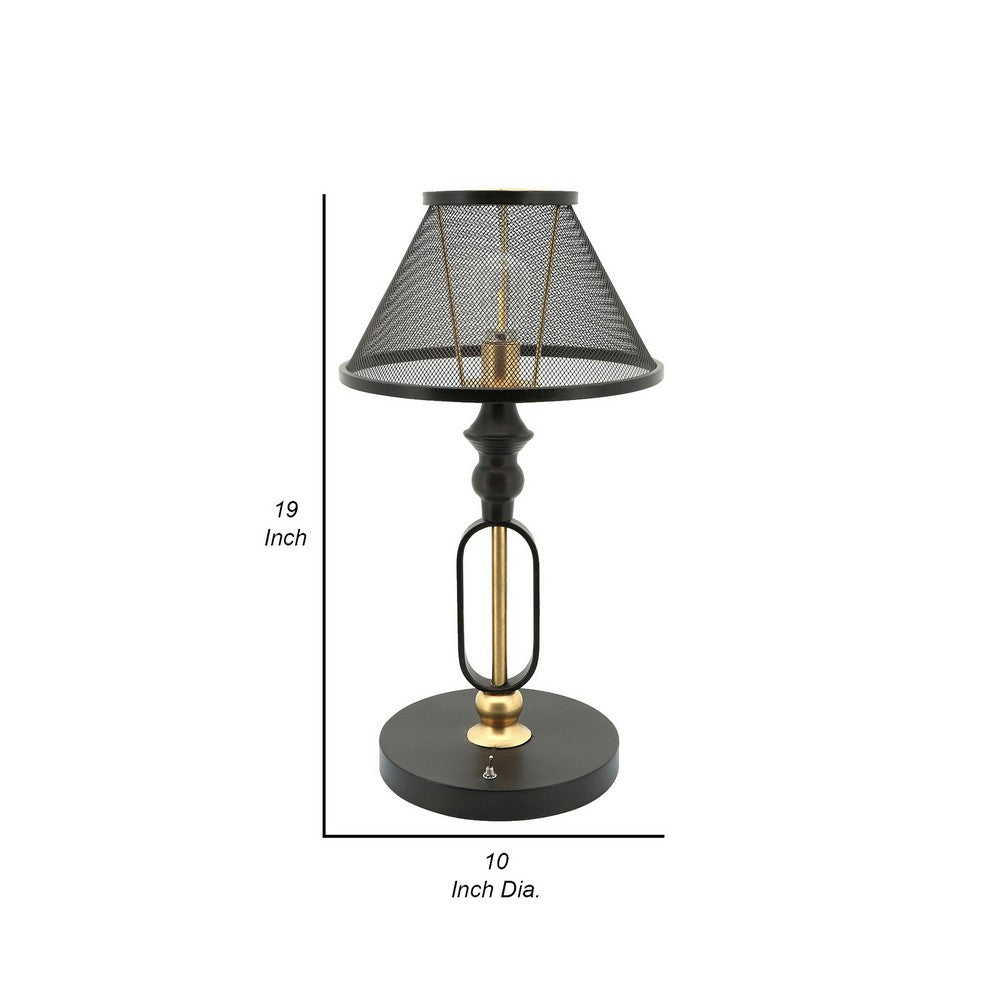 19 Inch Table Lamp, Round Metal Mesh Shade, Hollow Body, Black, Gold Stand - BM309628