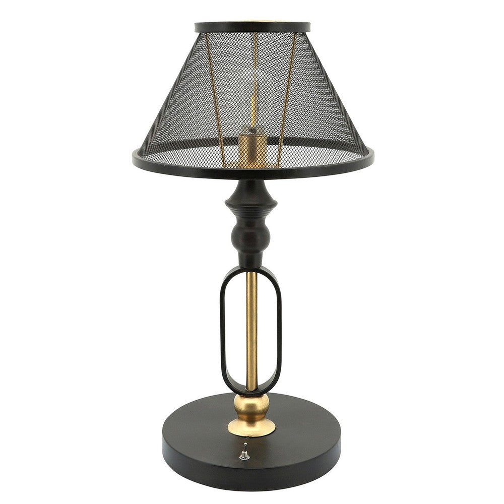 19 Inch Table Lamp, Round Metal Mesh Shade, Hollow Body, Black, Gold Stand - BM309628