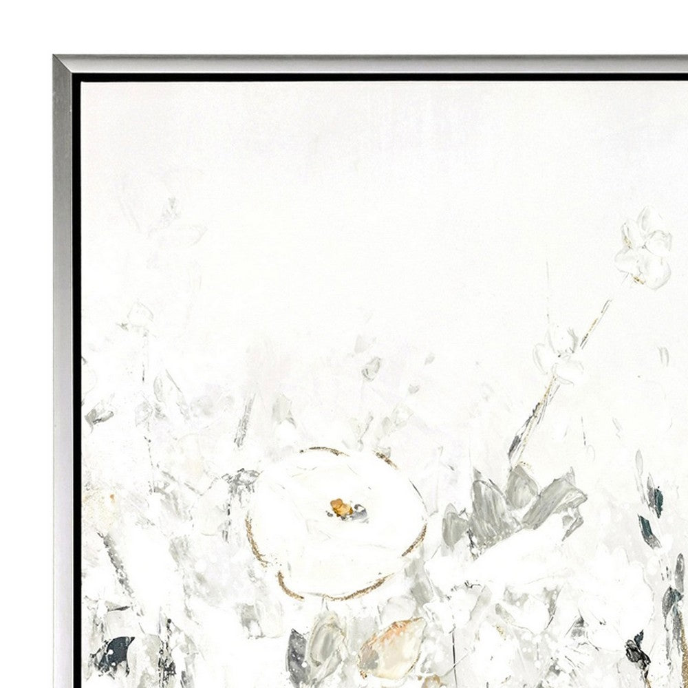 39 x 39 Framed Wall Art, Handpainted Floral Design, Modern Gray, White  - BM309631
