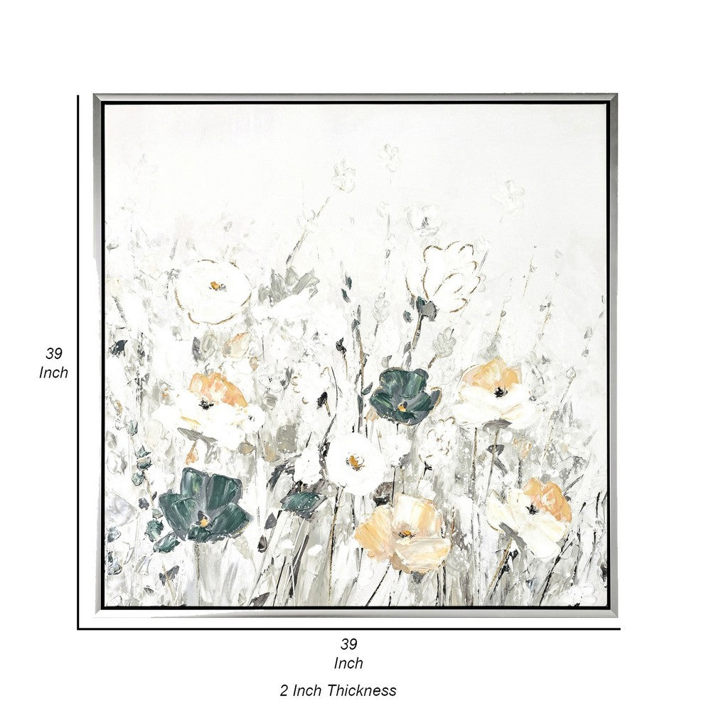 39 x 39 Framed Wall Art, Handpainted Floral Design, Modern Gray, White  - BM309631