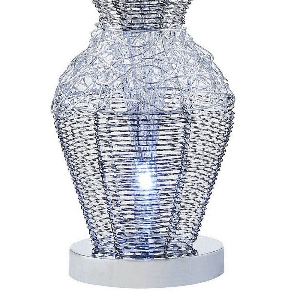 32 Inch Accent Table Lamp, Metal Flowers with Vase Design, Chrome Finish - BM309676