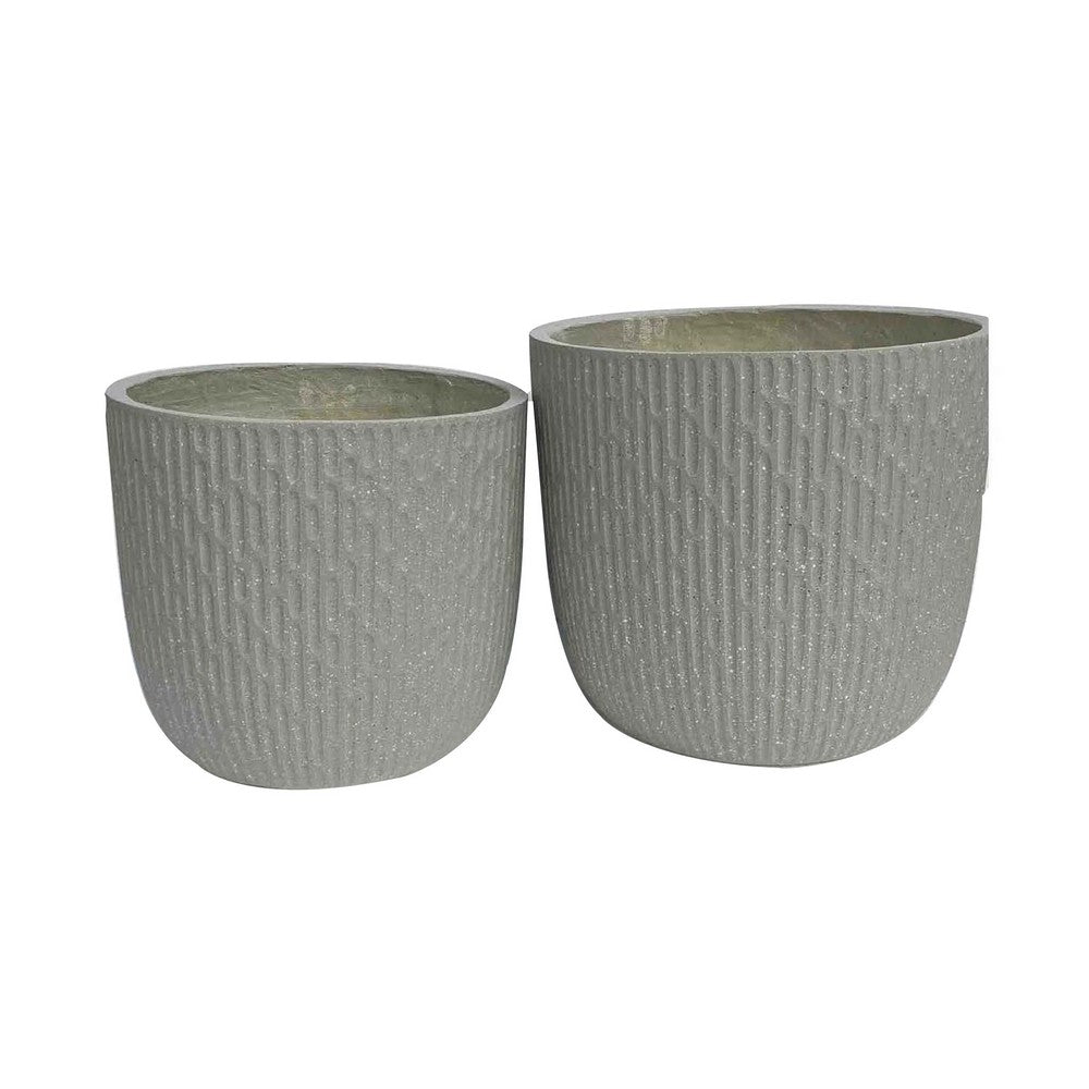 14 Inch Planter Set of 2, Drum Shape, Engraved Design, Textured Green - BM309745