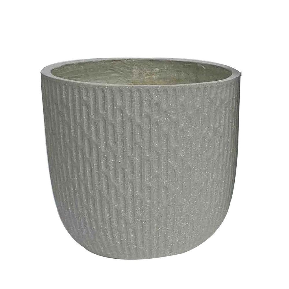 14 Inch Planter Set of 2, Drum Shape, Engraved Design, Textured Green - BM309745