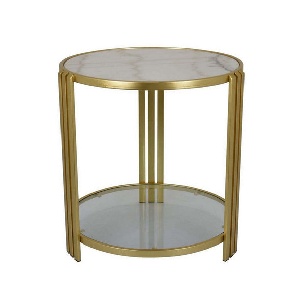 Lee 20 Inch Plant Stand, Round White Marble Top, Open Metal Frame, Gold - BM309756