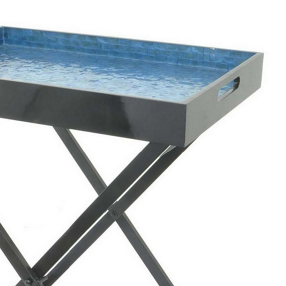 Dain 28 Inch Serving Tray Table, Foldable, Black Metal Stand, Blue Finish - BM309824