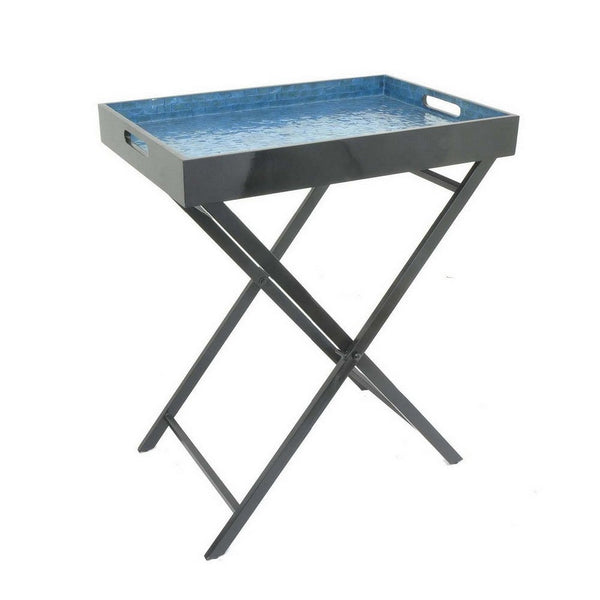 Dain 28 Inch Serving Tray Table, Foldable, Black Metal Stand, Blue Finish - BM309824