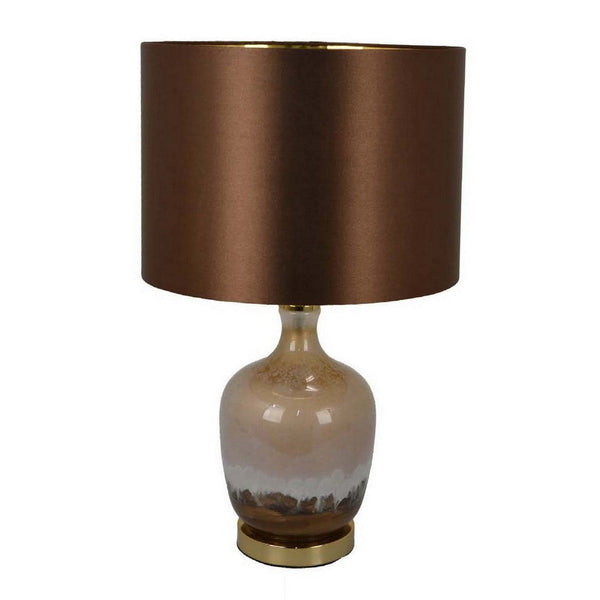 Gia 20 Inch Table Lamp, Drum Shade, Curved Round Glass Body, Brown Finish - BM309827