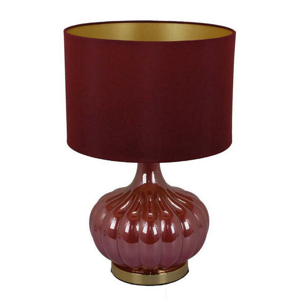 Gia 18 Inch Table Lamp, Drum Shade, Round Body with Vertical Ribs, Red - BM309830