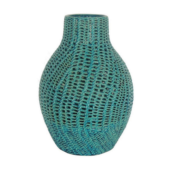 20 Inch Vase, Modern Ceramic Interlaced Woven Design, Curved, Teal Blue - BM309835