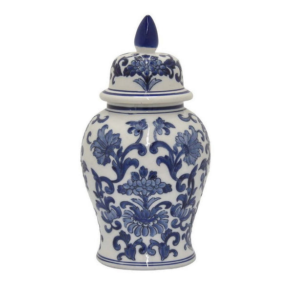 18 Inch Temple Jar, Ceramic Blue and White Floral Print, Removable Lid - BM309842