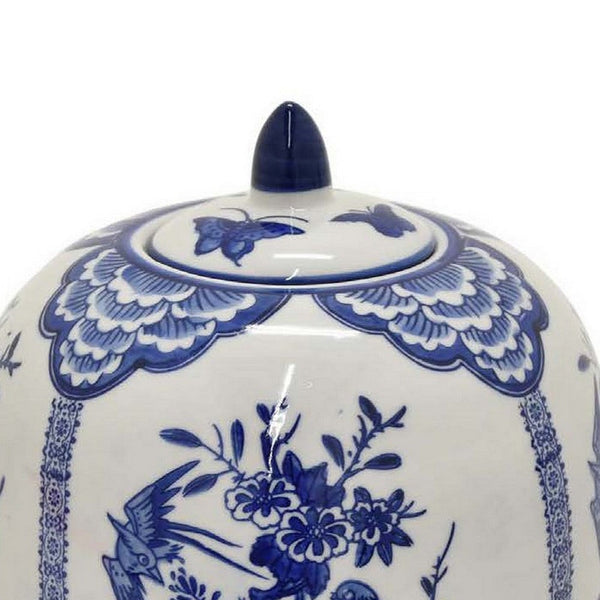 12 Inch Jar, Blue Floral Print, Removable Lid, White Ceramic, Traditional - BM309843