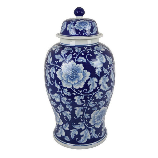 21 Inch Temple Ginger Jar, Blue, White Floral Print, Lid, Ceramic Pottery - BM309850