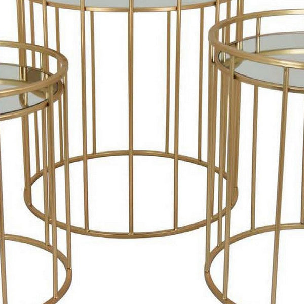 20 Inch Plant Stand Table Set of 3, Gold Metal Frame, Mirror Tray Top - BM309888