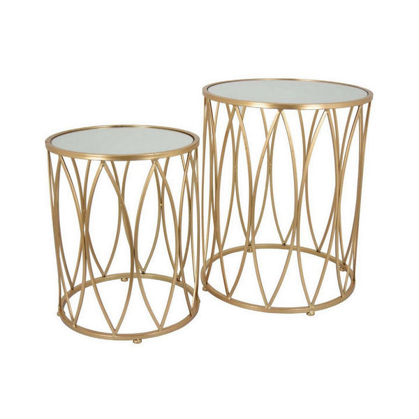 22 Inch Plant Stand Table Set of 2, Mirror Top, Gold Geometric Base - BM309891
