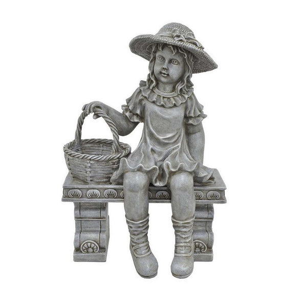 Darin 21 Inch Girl on Bench Figurine, Garden Statue Resin, Textured Gray - BM309900