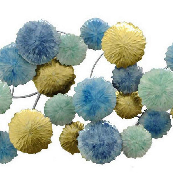 32 Inch Wall Art, Puff Ball Abstract Floral Design, Metal, Blue, Gold - BM309907