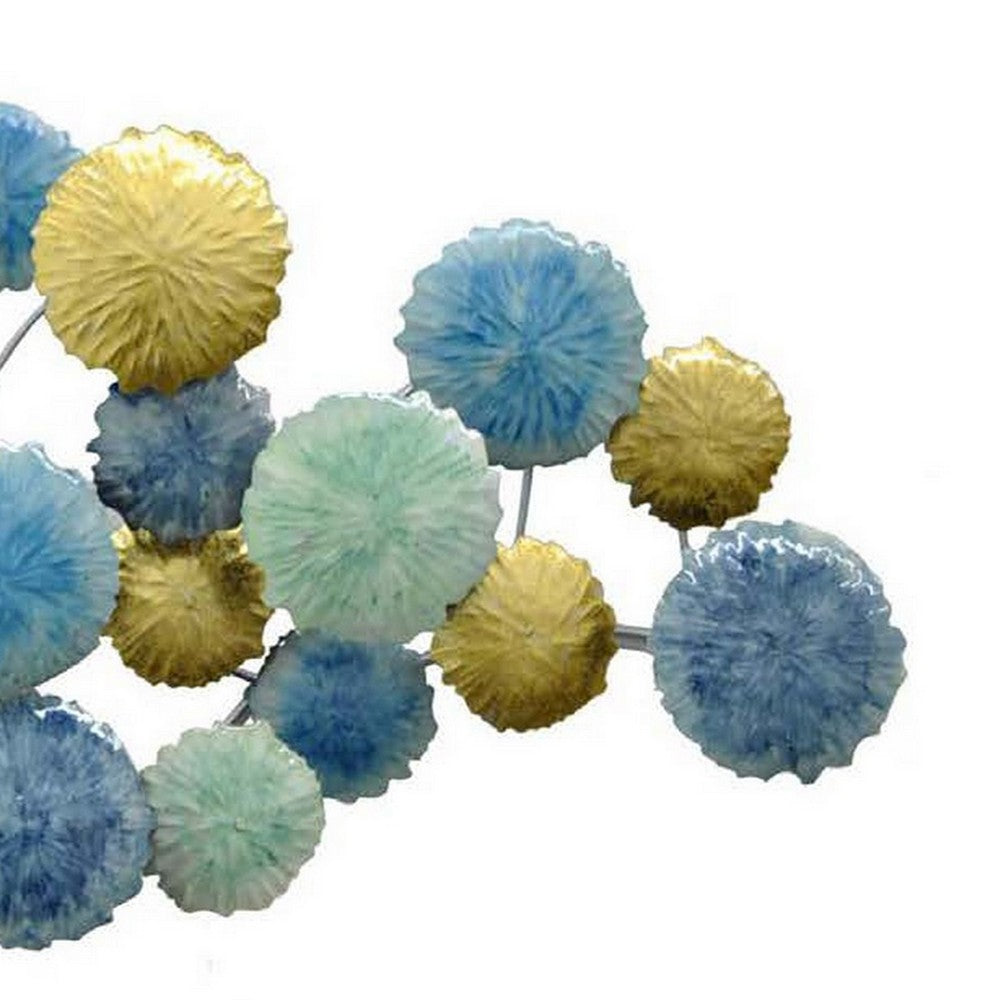 32 Inch Wall Art, Puff Ball Abstract Floral Design, Metal, Blue, Gold - BM309907