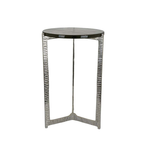Lune 24 Inch Plant Stand Side Table, Silver Metal Frame, Round Glass Top - BM309909
