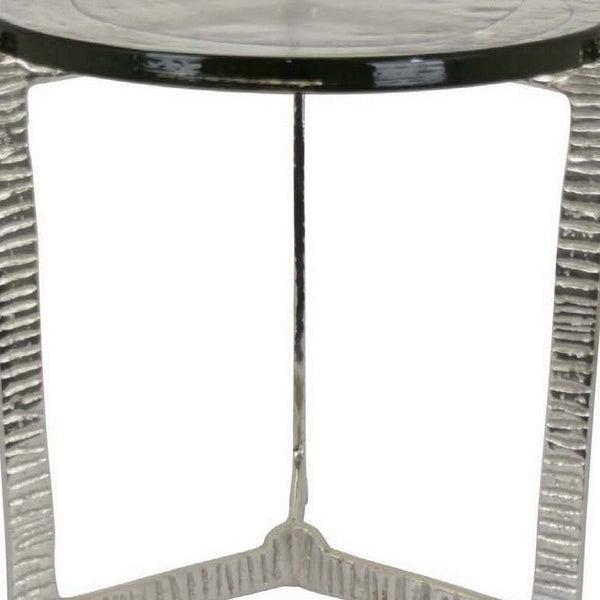 Lune 19 Inch Plant Stand Side Table, Silver Metal Frame, Round Glass Top - BM309910
