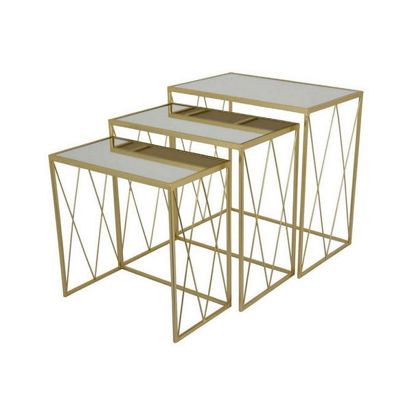 Joy Plant Stand Table Set of 3, Rectangular Mirrored Top, Gold Metal - BM309917
