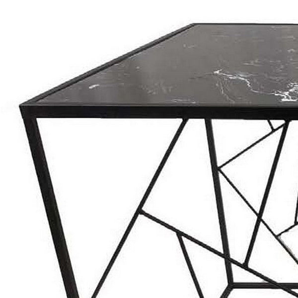 Plant Stand Table Set of 3, Geometric Style Black Metal Frames, Marble Top - BM309956