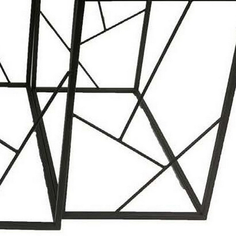 Plant Stand Table Set of 3, Geometric Style Black Metal Frames, Marble Top - BM309956