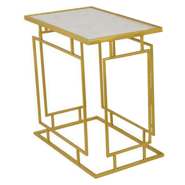 Plant Stand Table Set of 3, Intricate Geometric Pattern Gold Frames, White - BM309957