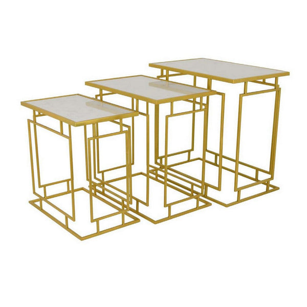 Plant Stand Table Set of 3, Intricate Geometric Pattern Gold Frames, White - BM309957