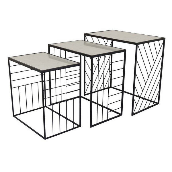Plant Stand Table Set of 3, Intricate Geometric Pattern, Black Finish - BM309958