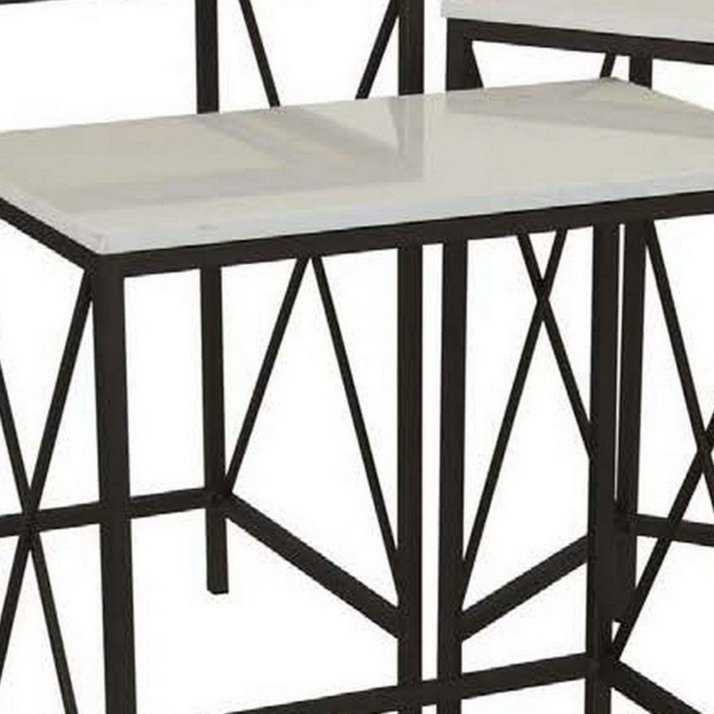 Zoe Plant Stand Table Set of 3, Metal, Rectangular Marble Top, Black Metal - BM310009