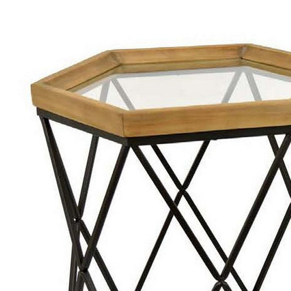 Gary Plant Stand Table Set of 2, Hexagonal Metal Frame, Glass Top, Black - BM310019