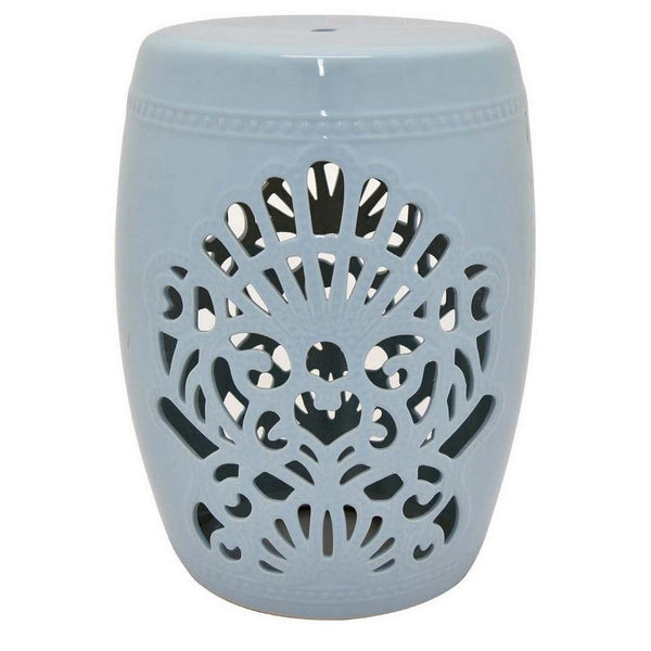 Sia 19 Inch Garden Plant Stand, Ceramic Stool, Floral Cut Out Pattern Blue - BM310035