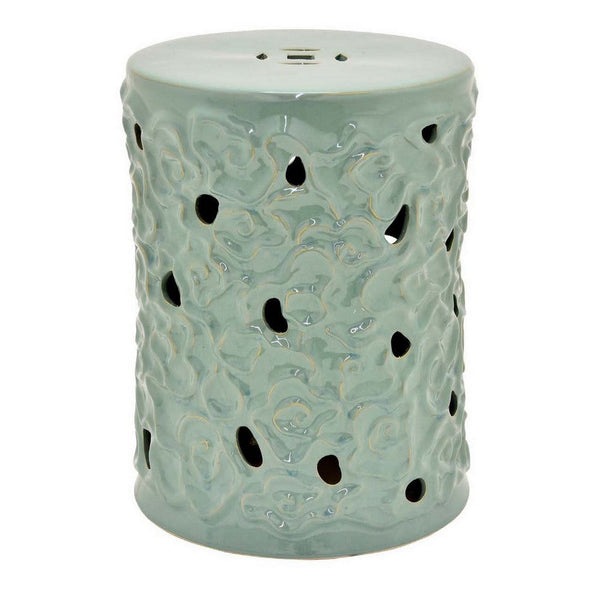 Bella 20 Inch Plant Stand Table, Pierced Pattern, Cylindrical Green Ceramic - BM310044