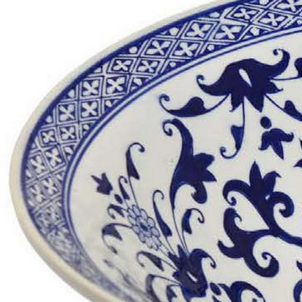 Cherry 16 Inch Decorative Bowl, Ceramic, Floral Design, Blue and White - BM310051