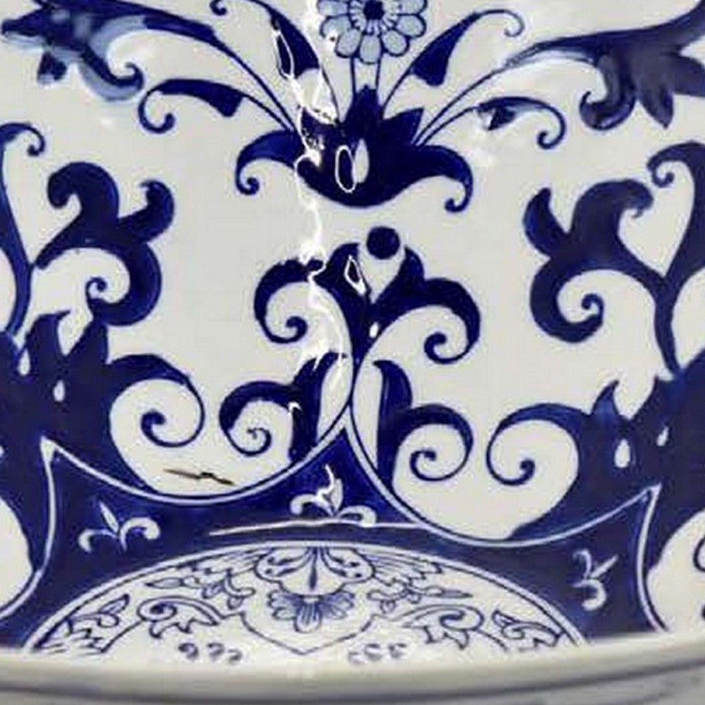 Cherry 16 Inch Decorative Bowl, Ceramic, Floral Design, Blue and White - BM310051