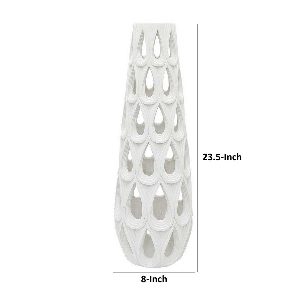 Lee 24 Inch Vase, Pierced Cut Out Water Drop Design, Resin, White Finish - BM310060