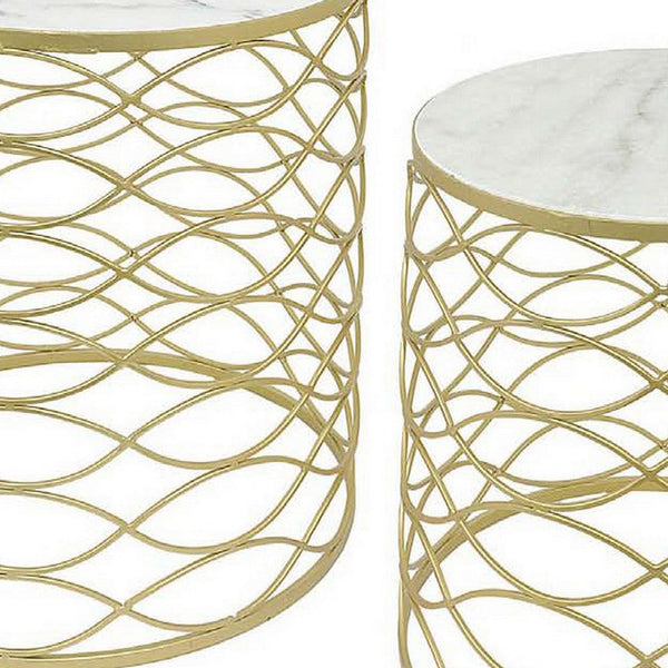 Poh 21 Inch Plant Stand Table Set of 2, Round Top, Metal, Marble, Gold - BM310065