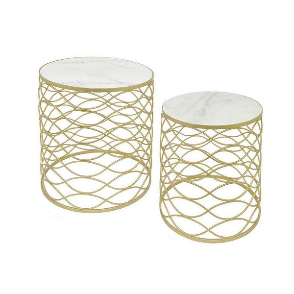 Poh 21 Inch Plant Stand Table Set of 2, Round Top, Metal, Marble, Gold - BM310065