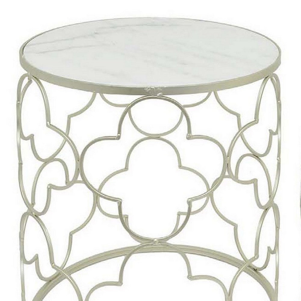 Poh 23 Inch Plant Stand Table Set of 2, Round Top, Metal, Marble, Silver  - BM310066