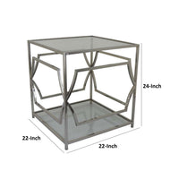 Mivi 24 Inch Plant Stand Table, Square, Pattern Base, Glass, Metal, Silver  - BM310074